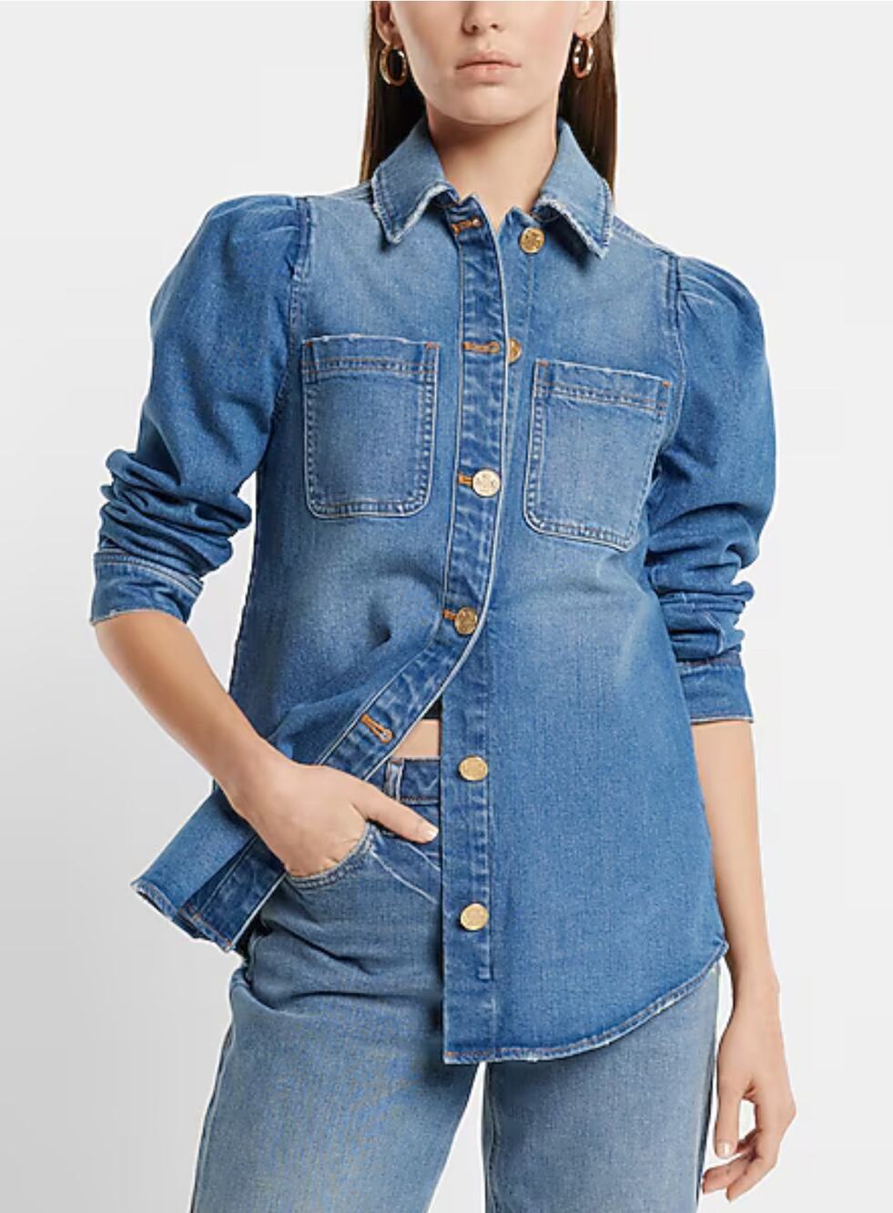 EXPRESS Medium Wash Denim Puff Sleeve Shacket/Shirt Size Small